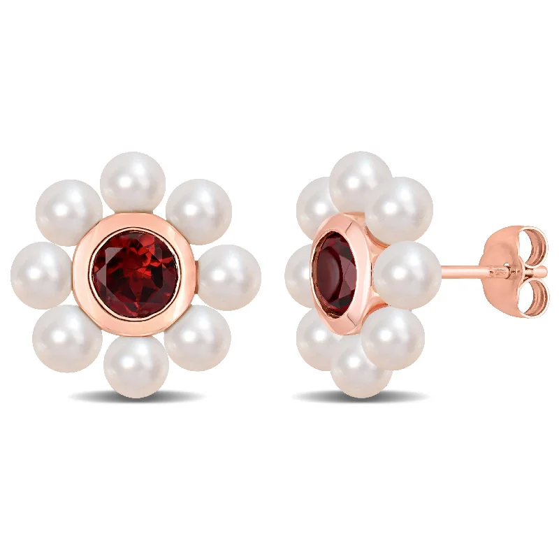 Miadora 3.5-4mm Cultured Freshwater Pearl and 1 1/5ct TGW Garnet Floral Stud Earrings in 10k Rose Gold