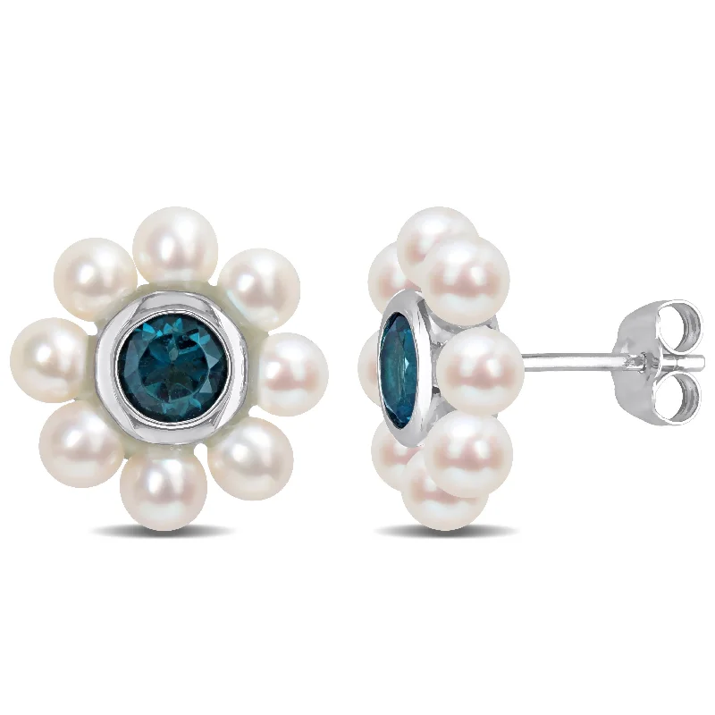 Miadora 3.5-4mm Cultured Freshwater Pearl and 1 1/8ct TGW London Blue Topaz Floral Stud Earrings in 10k White Gold