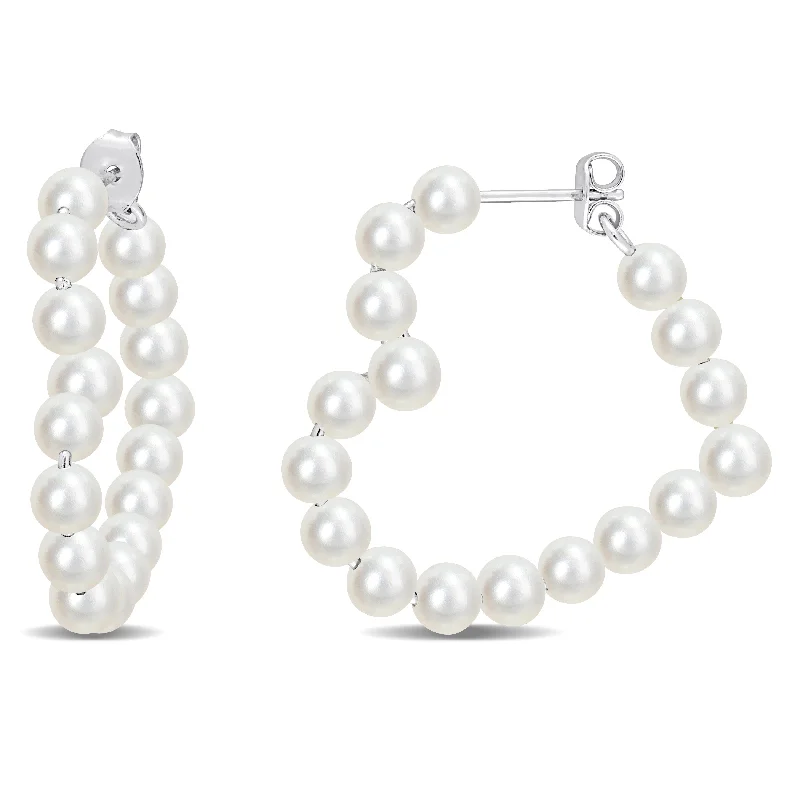 Miadora 4.5-5mm Cultured Freshwater Pearl Open Heart Hoop Earrings in Sterling Silver - 30 mm x 4.9 mm x 4.9 mm