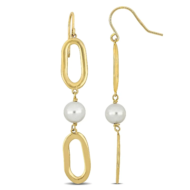 Miadora 6.5-7mm Cultured Freshwater Pearl Oval Link Drop Earrings in 10k Yellow Gold