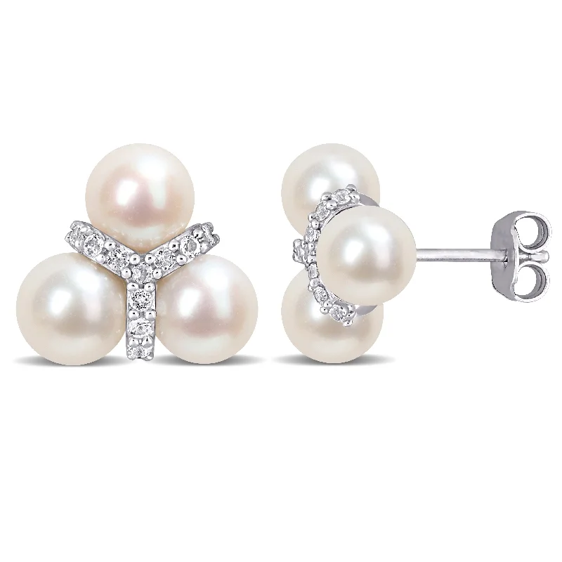 Miadora 6-6.5mm Cultured Freshwater Pearl and 1/5ct TGW White Topaz Floral Stud Earrings in Sterling Silver