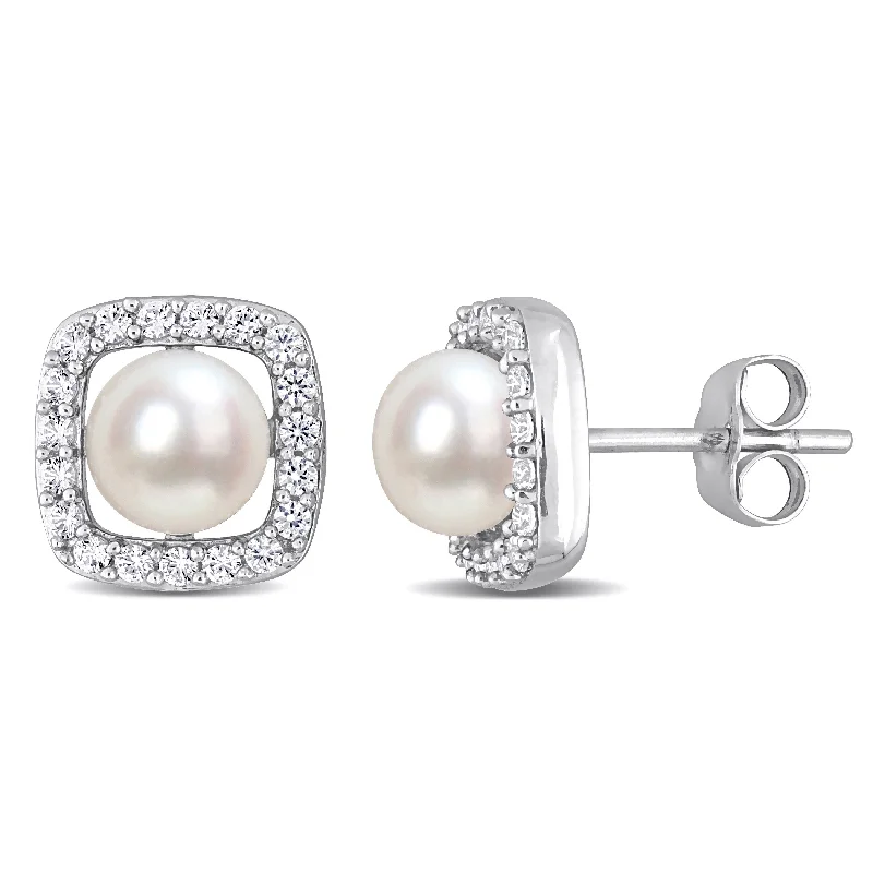 Miadora 6-6.5mm Cultured Freshwater Pearl and 3/8 CT TGW Created White Sapphire Halo Stud Earrings 10k White Gold