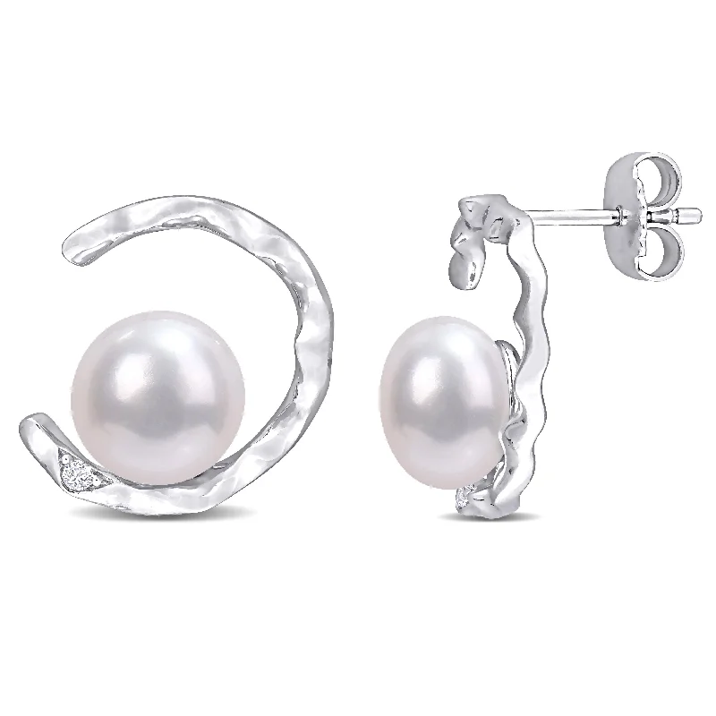 Miadora 7.5-8mm Cultured Freshwater Pearl and Created White Sapphire Open Wave Stud Earrings in Sterling Silver