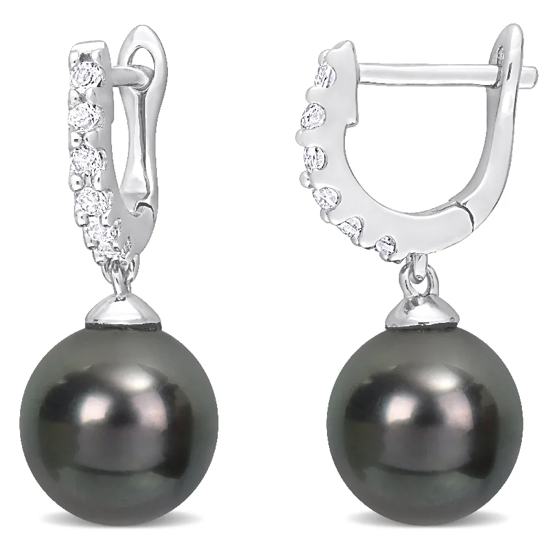 Miadora 8.5-9mm Black Tahitian Pearl and 3/8 CT TGW White Topaz Drop Cuff Earrings in Sterling Silver