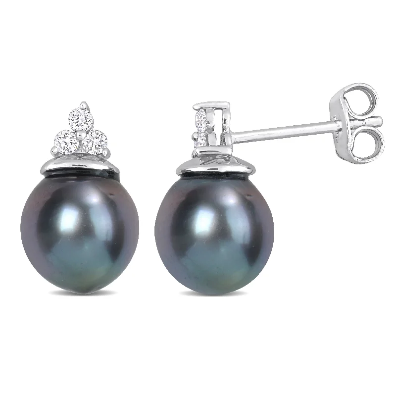 Miadora 8-8.5mm Black Tahitian Cultured Pearl and 1/8 CT TW Diamond Stud Earrings in Sterling Silver