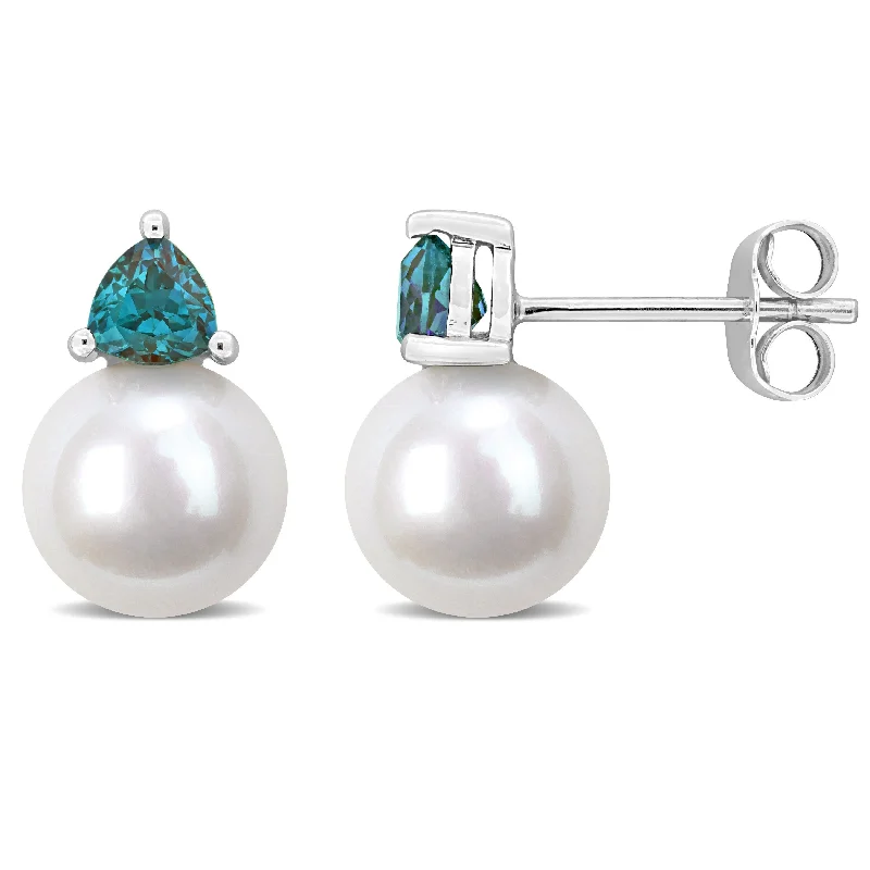 Miadora 8-8.5mm Cultured Freshwater Pearl and 3/5ct TGW Created Alexandrite Stud Earrings in 10k White Gold