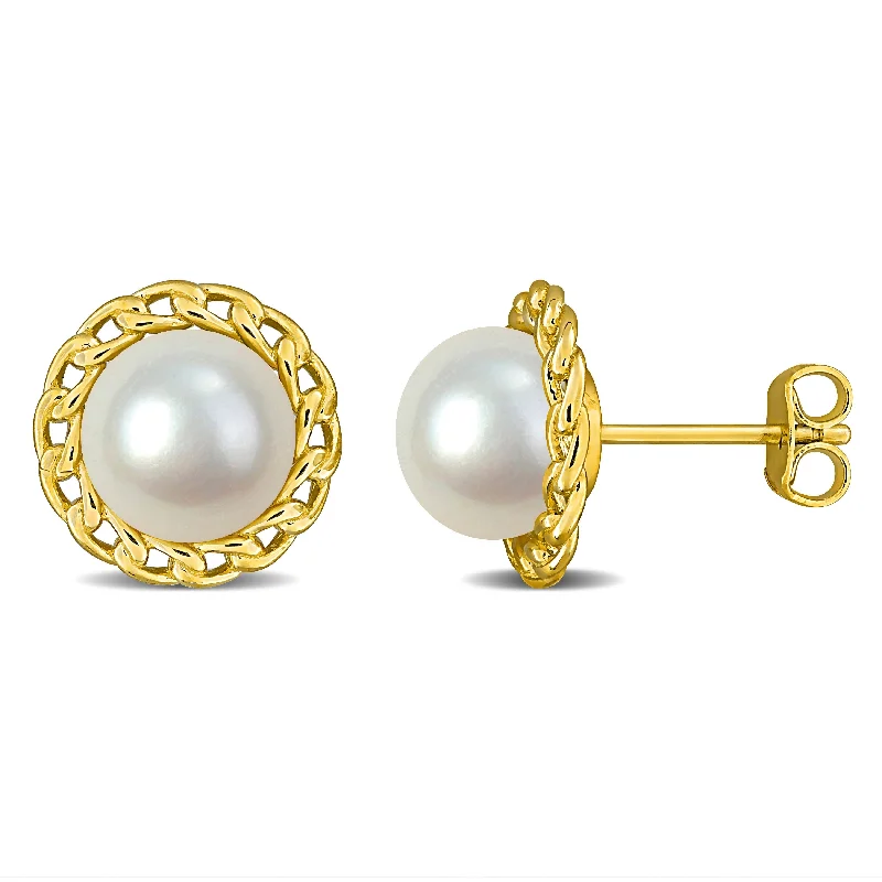 Miadora 8-8.5mm Cultured Freshwater Pearl Halo Link Stud Earrings in Yellow Silver