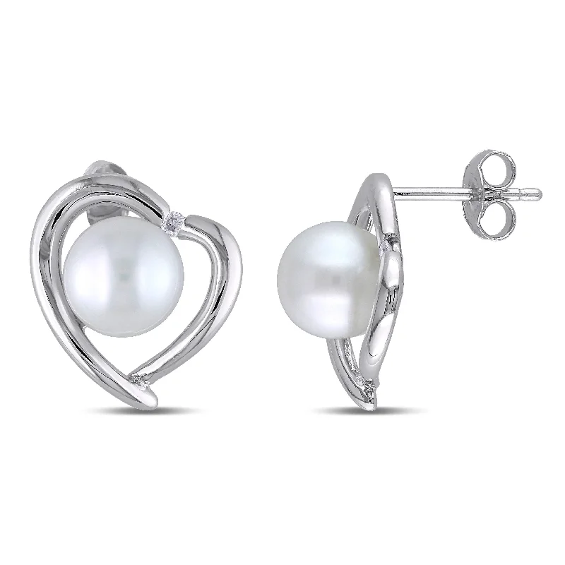 Miadora 8-8.5mm Japanese Akoya Cultured White Pearl and Diamond Accent Heart Design Stud Earrings in Sterling Silver