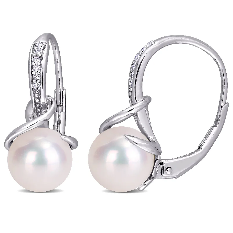 Miadora 8-8.5mm White Freshwater Cultured Pearl and Diamond Twist Leverback Earrings in Sterling Silver (G-H, I2-I3)