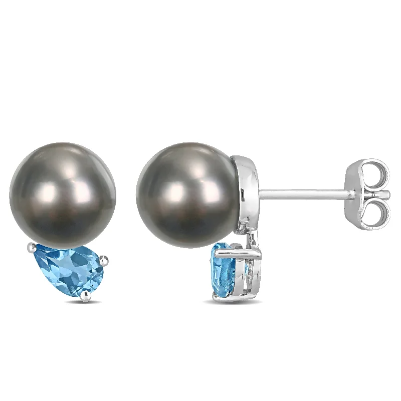 Miadora 8-9mm Black Tahitian Cultured Pearl and 1 CT TGW Swiss Blue Topaz Stud Earrings in Sterling Silver