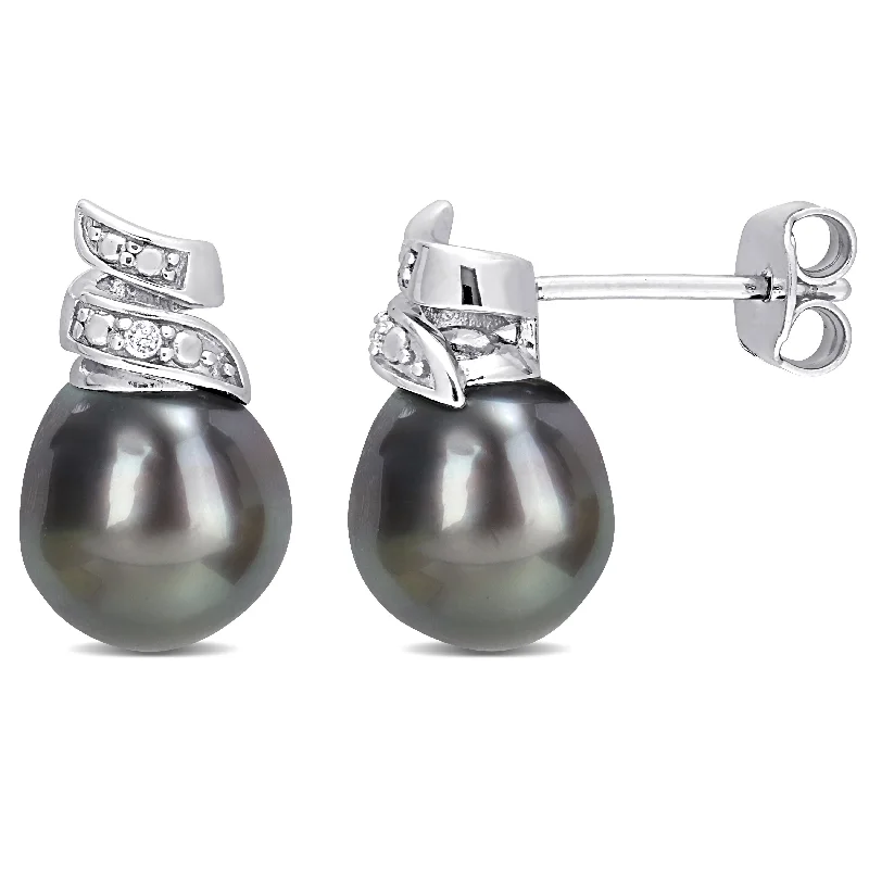 Miadora 8-9mm Black Tahitian Cultured Pearl and Diamond Accent Swirl Stud Earrings in Sterling Silver