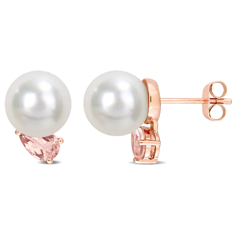 Miadora 8-9mm South Sea Cultured Pearl and 4/5 CT TGW Morganite Stud Earrings in 14k Rose Gold