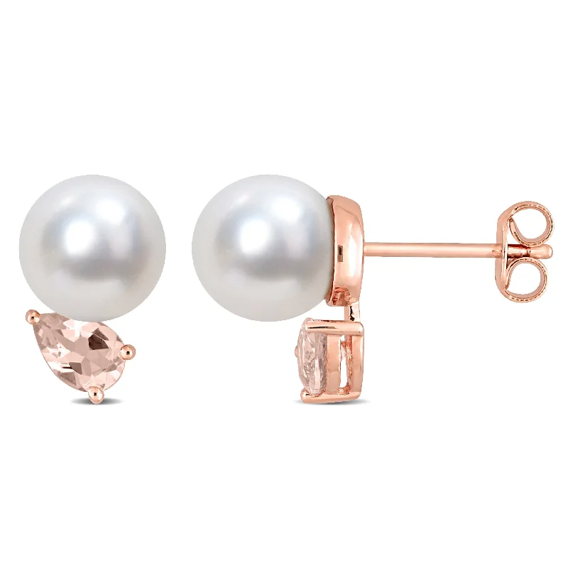 Miadora 8-9mm South Sea Cultured Pearl and 4/5ct TGW Morganite Stud Earrings in Rose Silver