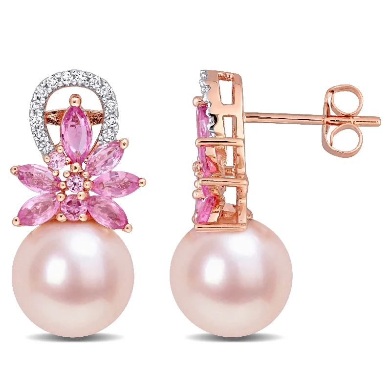 Miadora 9-9.5mm Pink Cultured Freshwater Pearl and Pink Sapphire 1/8 CT TW Diamond Flower Earrings 14k Rose Gold