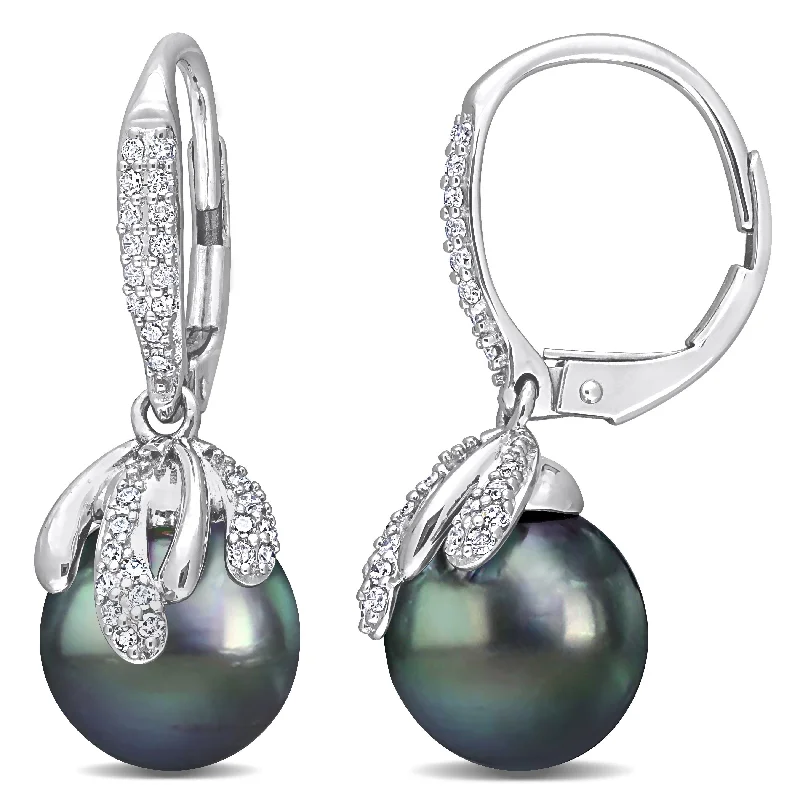 Miadora Black Tahitian Cultured Pearl & 1/3ct TDW Diamond Leaf Leverback Earrings in 14k White Gold