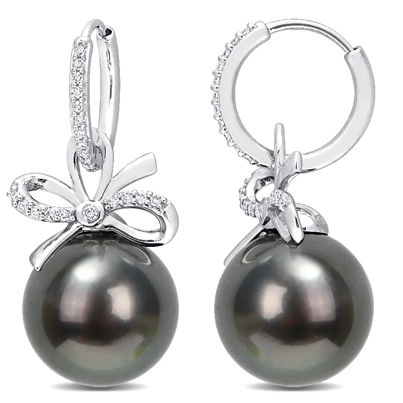 Miadora Black Tahitian Cultured Pearl & 1/4ct TDW Diamond Bow Hoop Earrings in 14k White Gold