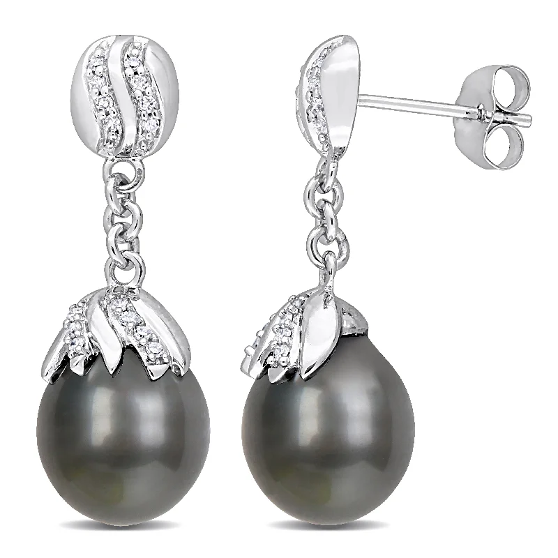 Miadora Black Tahitian Cultured Pearl & 1/7ct TDW Diamond Drop Earrings in 14kt White Gold (9-10mm)