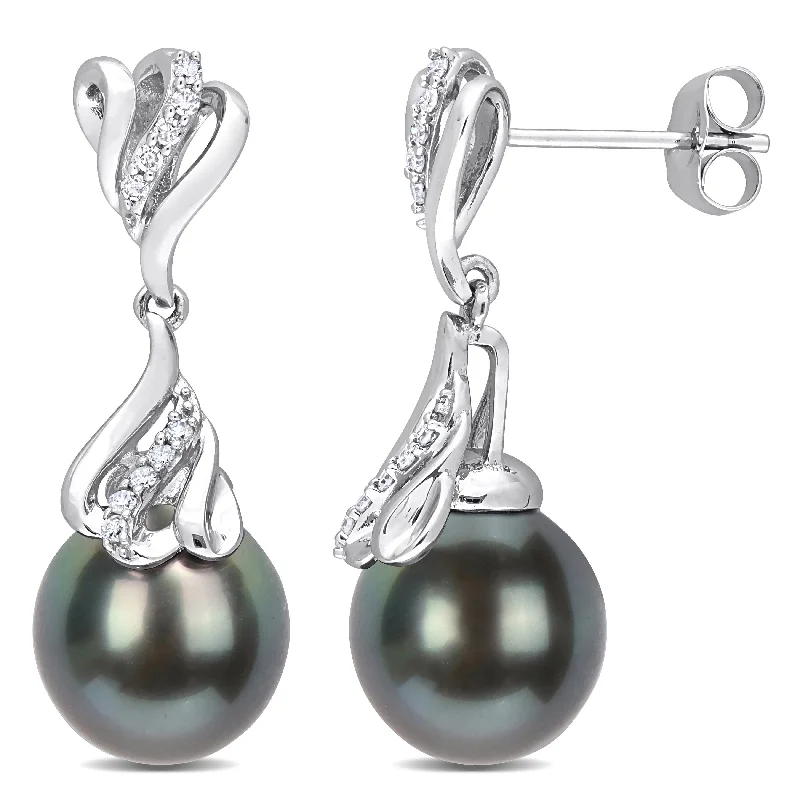 Miadora Black Tahitian Cultured Pearl and 1/8ct TDW Diamond Dangle Earrings in 14k White Gold