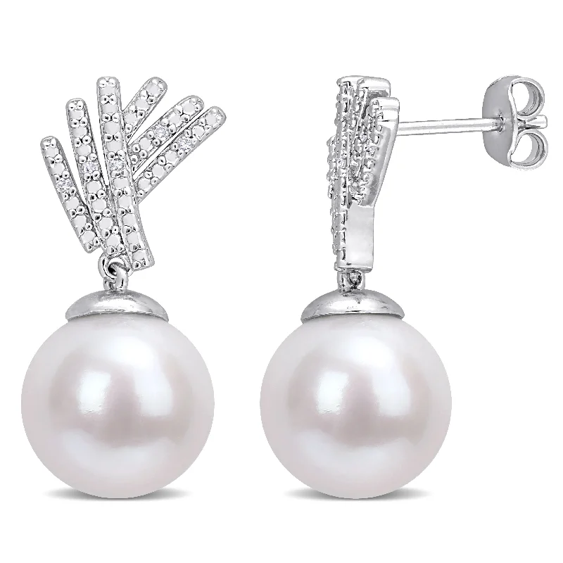 Miadora Cultured Freshwater Pearl and Diamond Accent Drop Earrings in Sterling Silver (11-12mm)