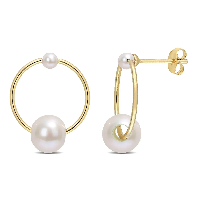 Miadora Cultured Freshwater Pearl Open Hoop Drop Earrings in 14k Yellow Gold (3-7.5mm)