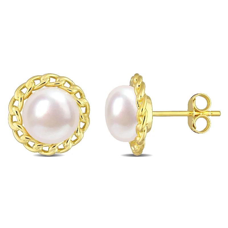 Miadora Cultured Freshwater Pearl Stud Earrings in Yellow Plated Sterling Silver (8-8.5mm)