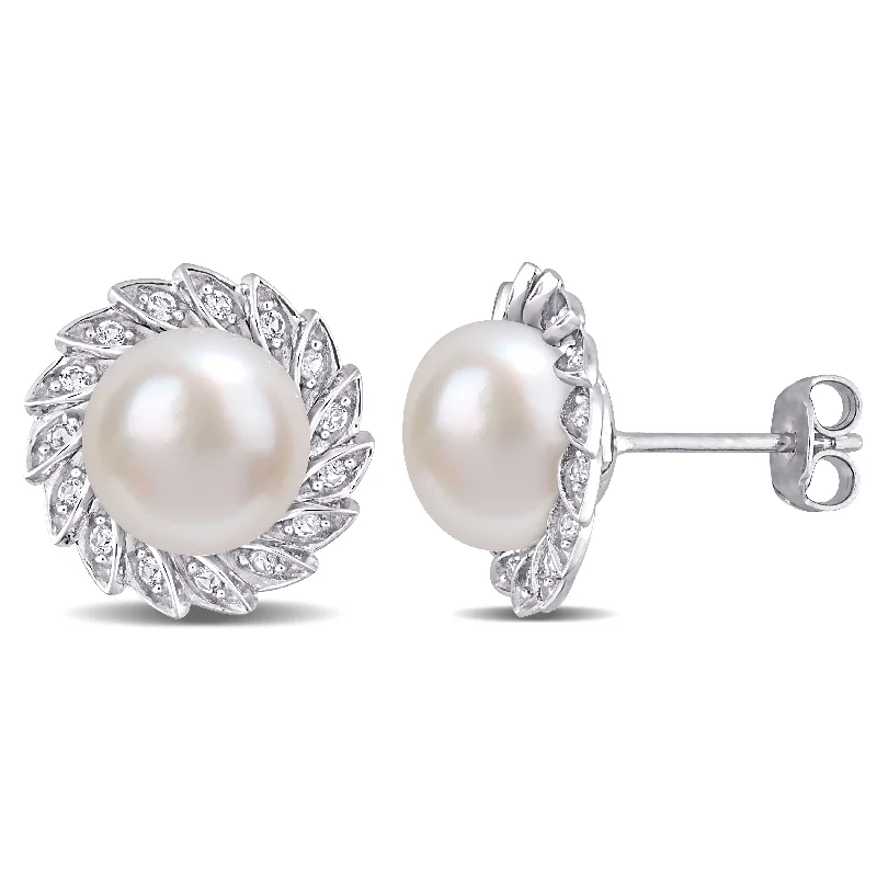 Miadora Cultured FW Pearl & Created White Sapphire Halo Stud Earrings in Sterling Silver (9.5-10mm)