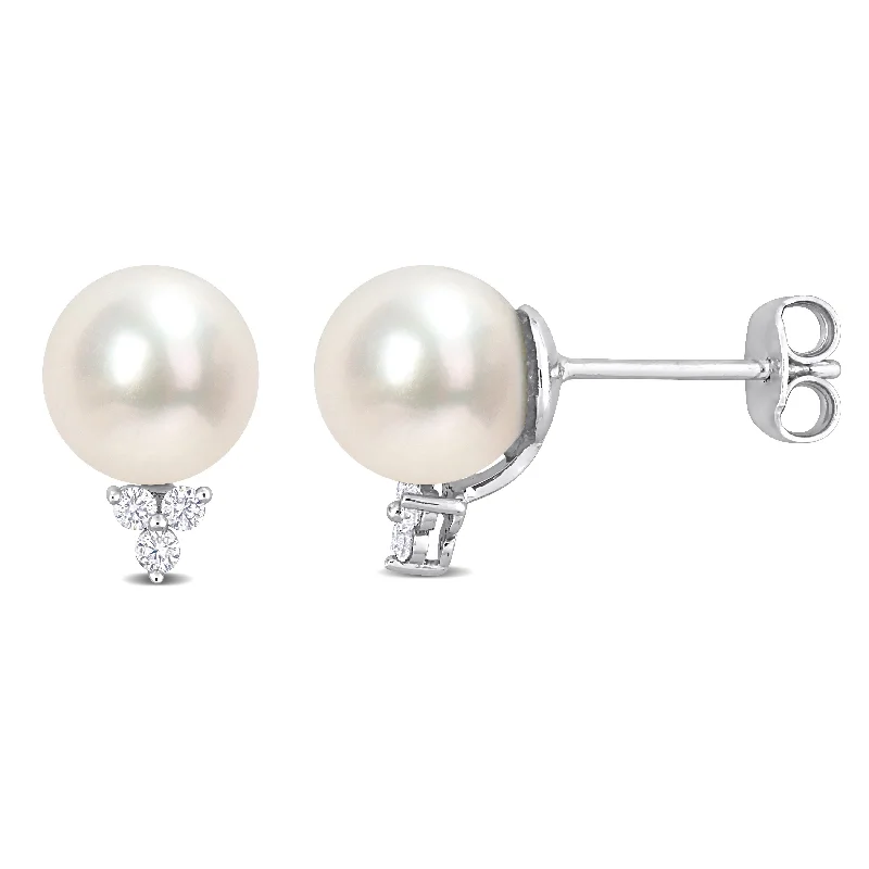 Miadora Freshwater Cultured Pearl and 1/8ct TDW Diamond Stud Earrings in Sterling Silver