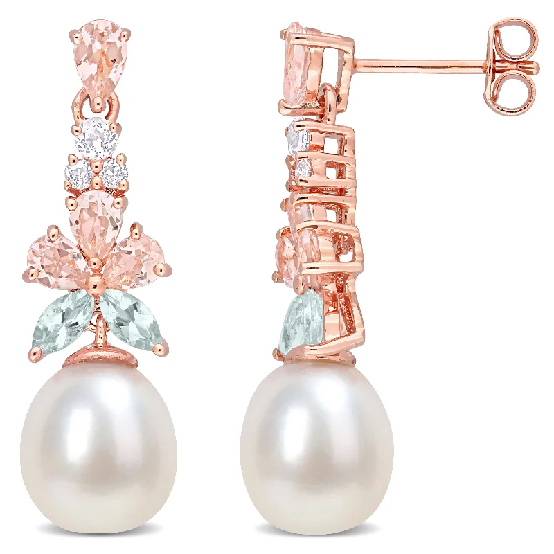 Miadora Freshwater Cultured Pearl Multi-Gemstone Earrings in 18k Rose Plated Sterling Silver