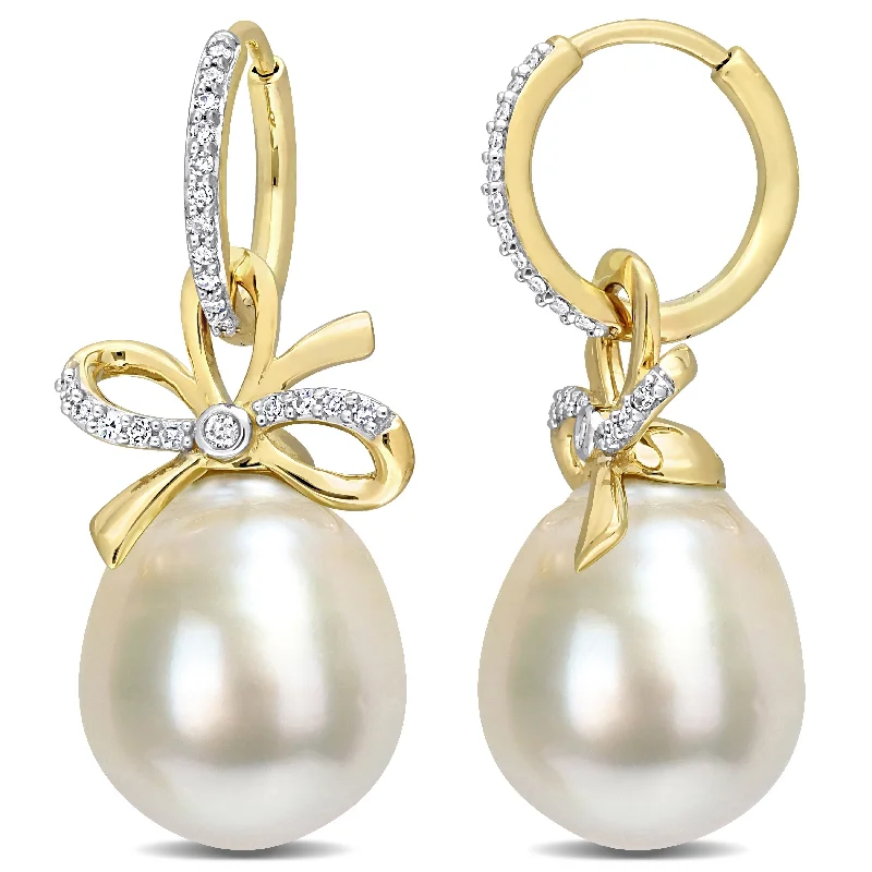 Miadora Golden South Sea Cultured Pearl & 1/4ct TDW Diamond Bow Hoop Earrings in 14k Yellow Gold