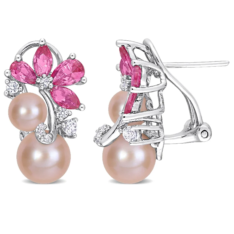 Miadora Pink Cultured Freshwater Pearl & 4 1/4 CT TGW Created Pink and White Sapphire Earings in Sterling Silver