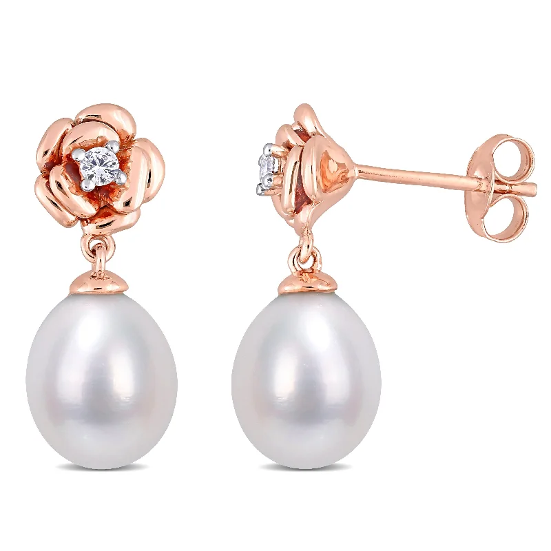 Miadora Rose Plated Sterling Silver Cultured FW Pearl & Created White Sapphire Earrings (8.5-9mm) - 21.5 mm x 8.8 mm x 8.8 mm