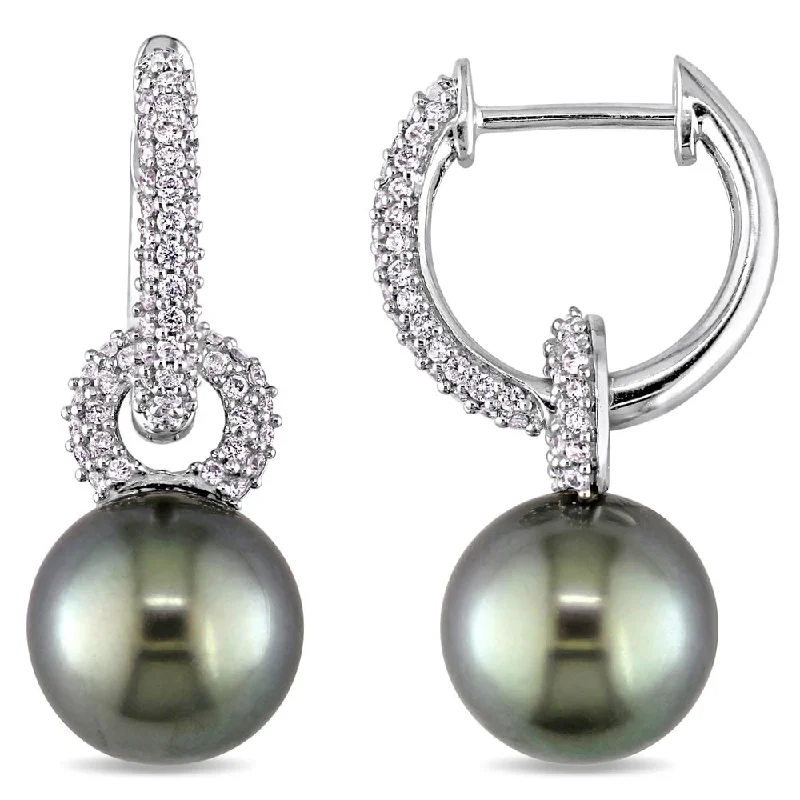 Miadora Signature Collection 14k White Gold Black Tahitian Pearl and 1/2ct TDW Diamond Hoop Dangle Earrings (9-9.5 mm)