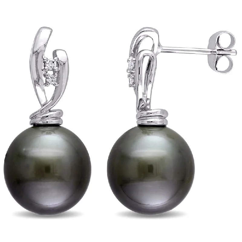 Miadora Signature Collection 14k White Gold Black Tahitian Pearl and Diamond Accent Twist Drop Earrings