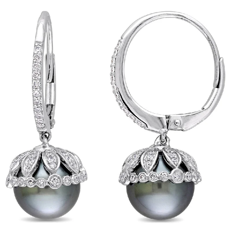 Miadora Signature Collection 14k White Gold Freshwater Pearl and 1/2ct TDW Diamond Cuff Earrings (9-9.5 mm) - Black