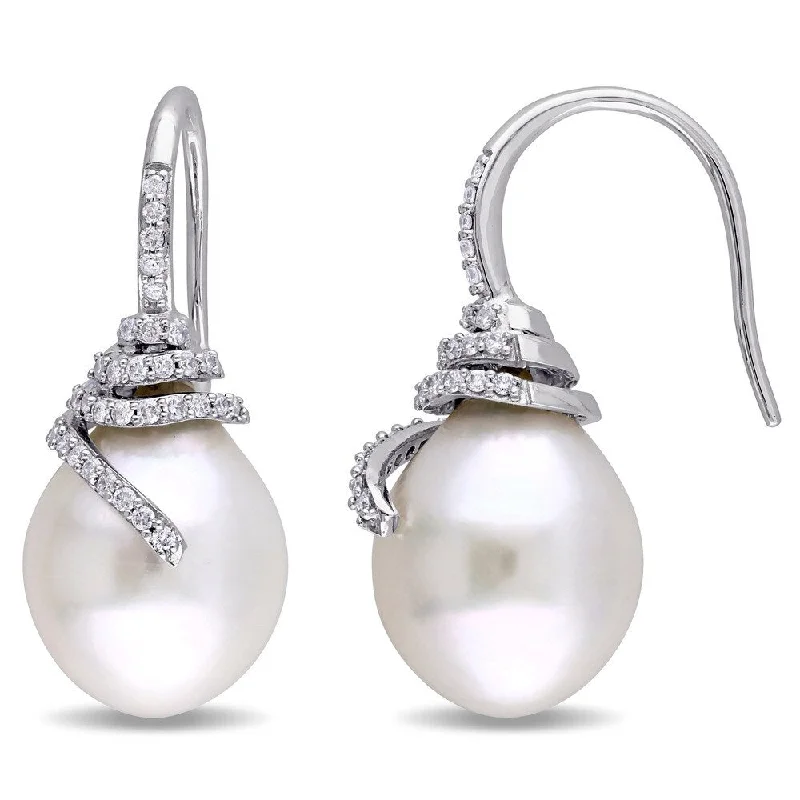 Miadora Signature Collection 14k White Gold South Sea Pearl and 1/3ct TDW Diamond Spiral Earrings (G-H, SI1-SI2) (10-10.5mm)