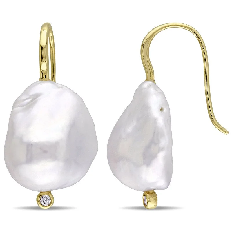 Miadora Signature Collection 14k Yellow Gold Cultured Freshwater Baroque Pearl Diamond Hook Earrings (14-14.5 mm)(G-H, SI1-SI2)