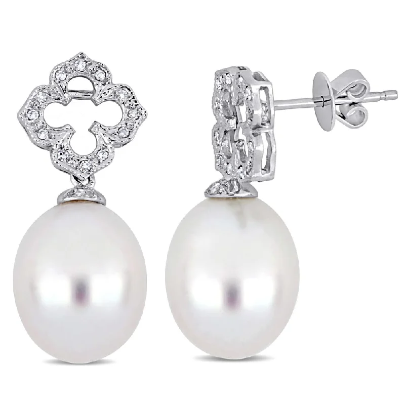 Miadora Signature Collection 18k White Gold South Sea Pearl and 1/7ct TDW Diamond Quatrefoil Drop Earrings (11-11.5 mm)