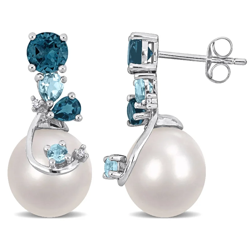 Miadora Sky Blue Topaz Freshwater Cultured Pearl Diamond Accent Earrings Silver