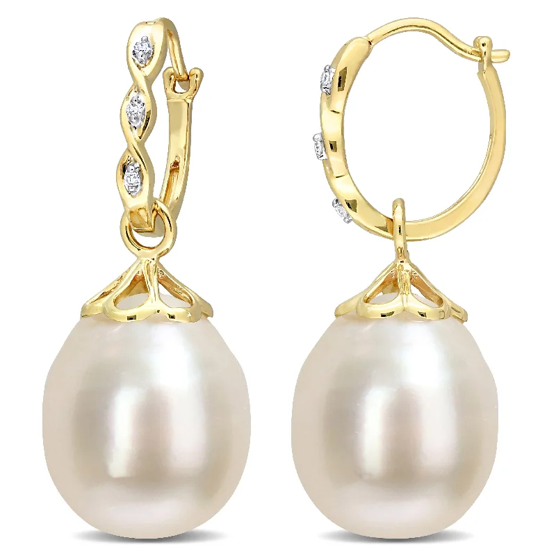 Miadora South Sea Cultured FW Pearl & Diamond Accent Drop Hoop Earrings in 14k Yellow Gold (9-9.5mm)