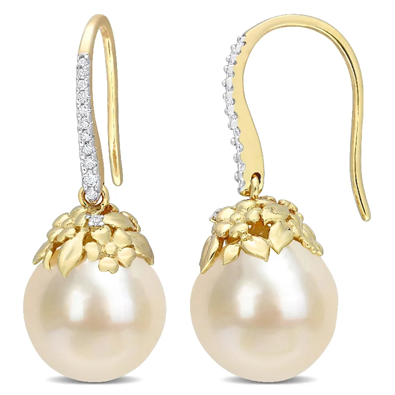 Miadora South Sea Pearl and 1/7ct TDW Diamond Floral Hook Earrings in 14k Yellow Gold (9-10mm)