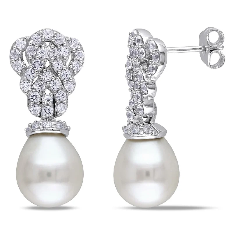 Miadora Sterling Silver Cultured Freshwater Pearl and Created White Sapphire Earrings (9-9.5 mm)