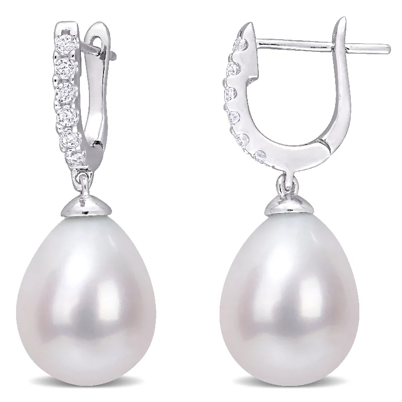 Miadora Sterling Silver Cultured Freshwater Pearl and Cubic Zirconia Drop Huggie Earrings (8.5-9mm)