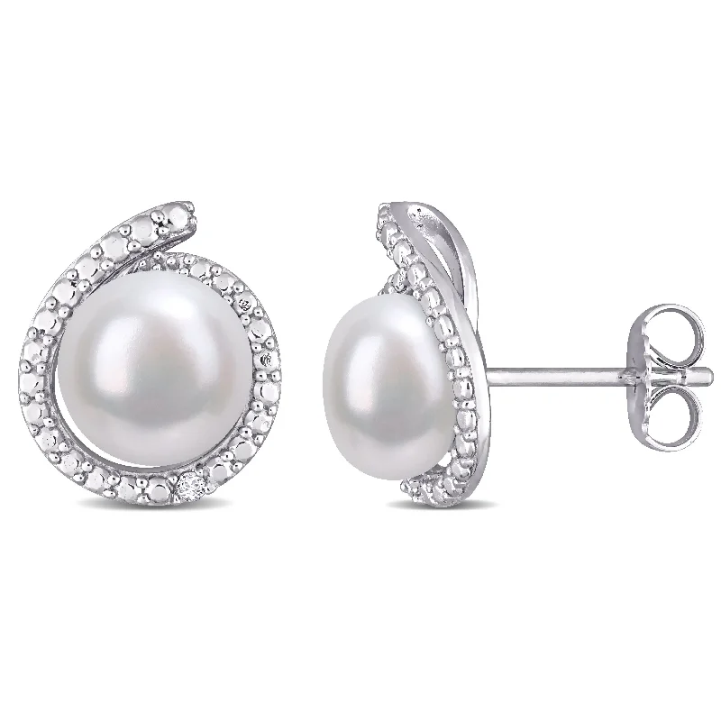 Miadora Sterling Silver Cultured Freshwater Pearl and Diamond Accent Halo Stud Earrings (8-8.5mm)