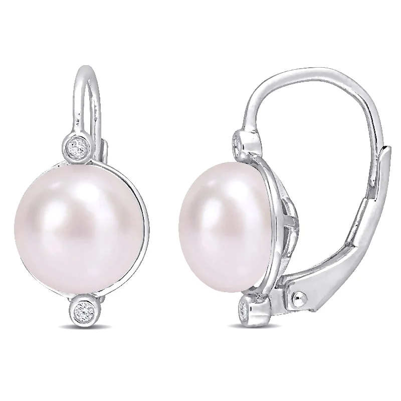 Miadora Sterling Silver Cultured Freshwater Pearl and Diamond Accent Leverback Earrings (7.5-8mm)