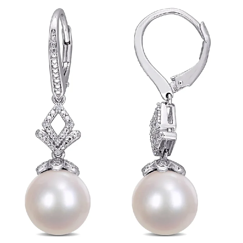 Miadora Sterling Silver Cultured Freshwater Pearl and Diamond Geometric Dangle Earrings (11-12 MM)