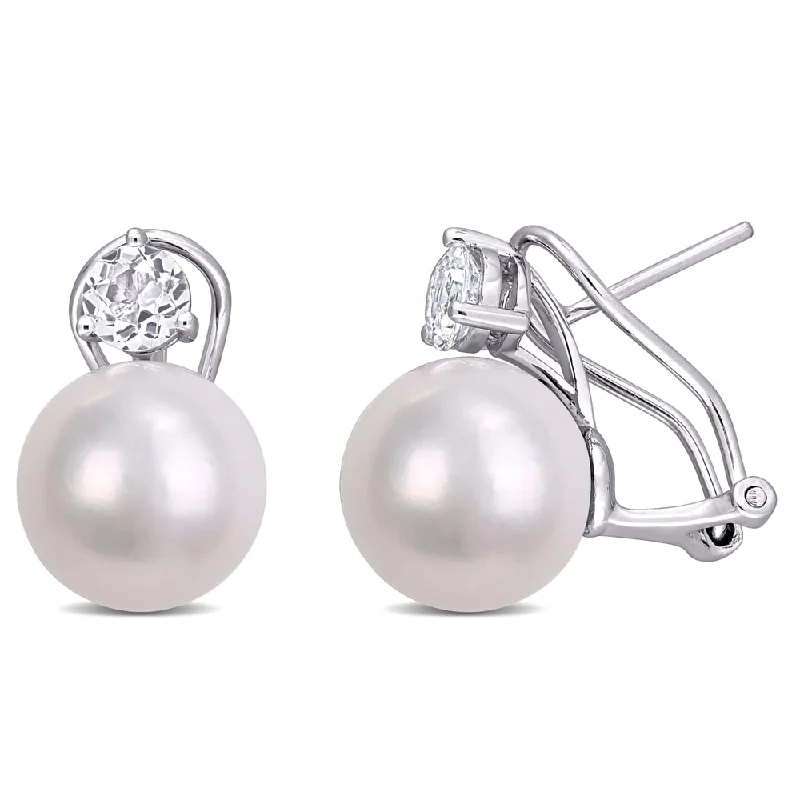 Miadora Sterling Silver Cultured Freshwater Pearl and White Topaz Clip-Back Earrings (11-12 MM)