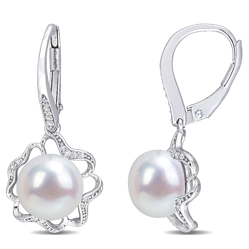 Miadora Sterling Silver Cultured FW Pearl & 1/10ct TDW Diamond Floral Drop Earrings (9 - 9.5mm) - 30 mm x 14 mm x 12 mm