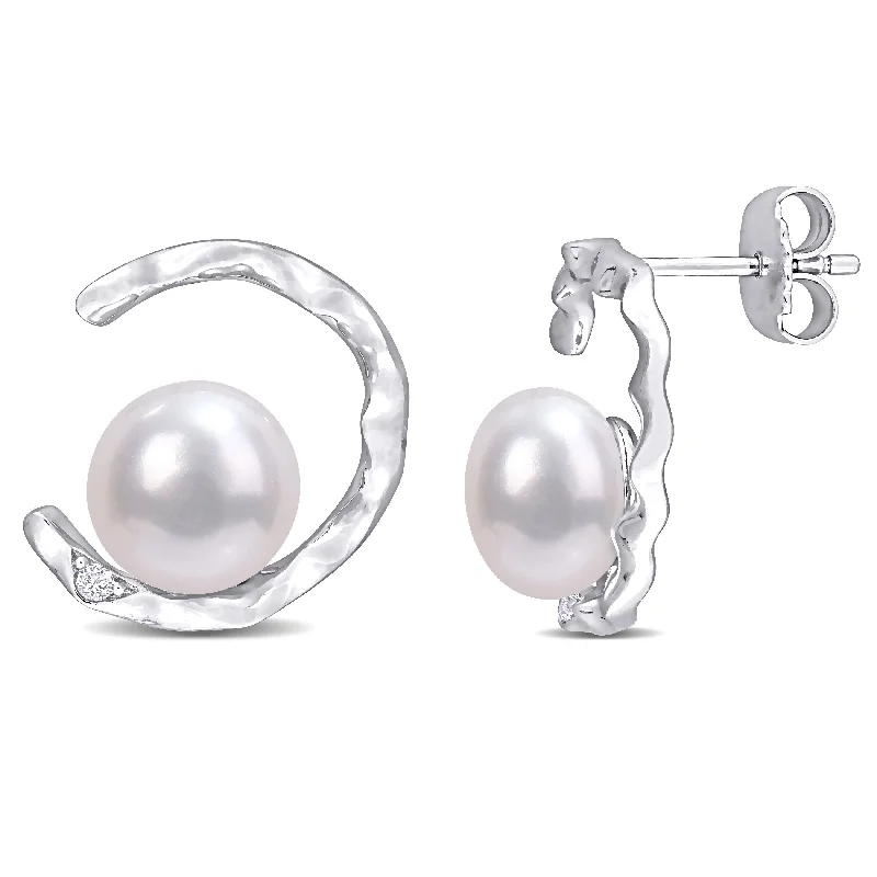 Miadora Sterling Silver Cultured FW Pearl and Created White Sapphire Drop Earrings (7.5-8mm)