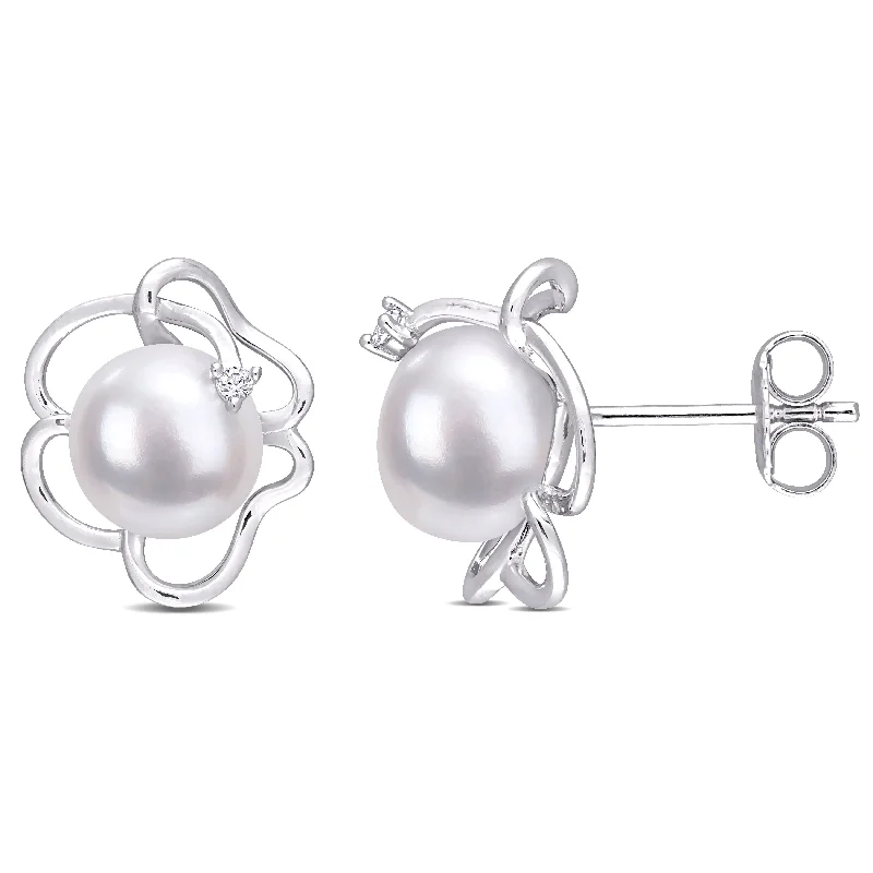 Miadora Sterling Silver Cultured FW Pearl and Created White Sapphire Floral Stud Earrings (7.5-8mm)