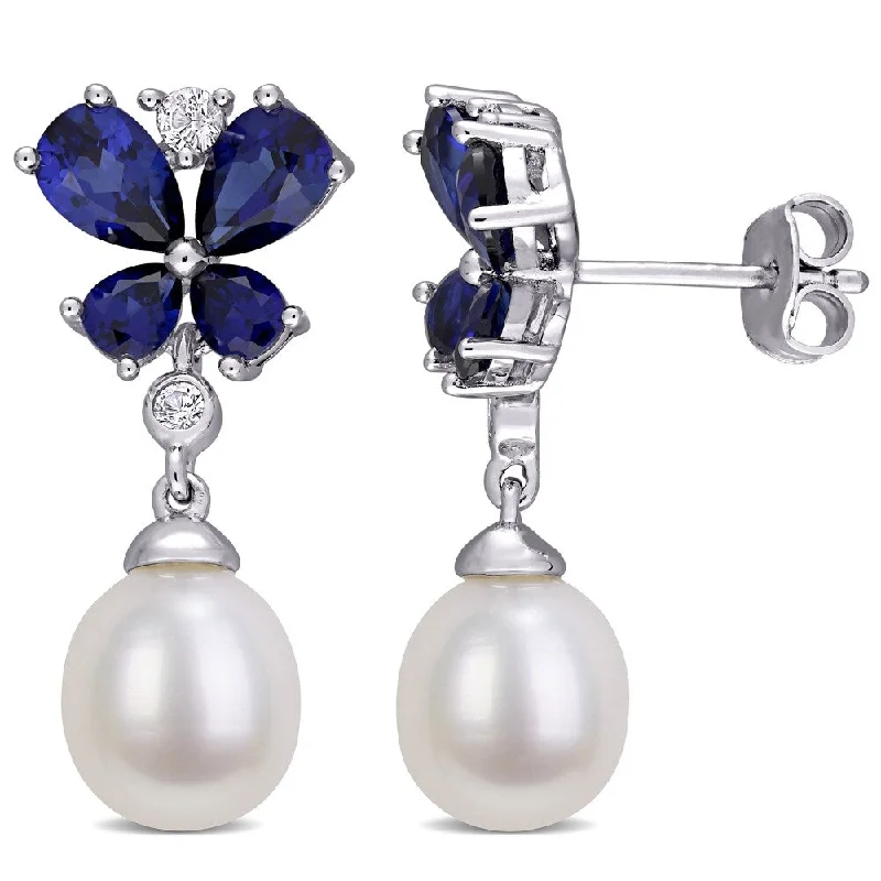 Miadora Sterling Silver Cultured FW Pearl Created Sapphire Butterfly Drop Earrings (8-8.5 MM)